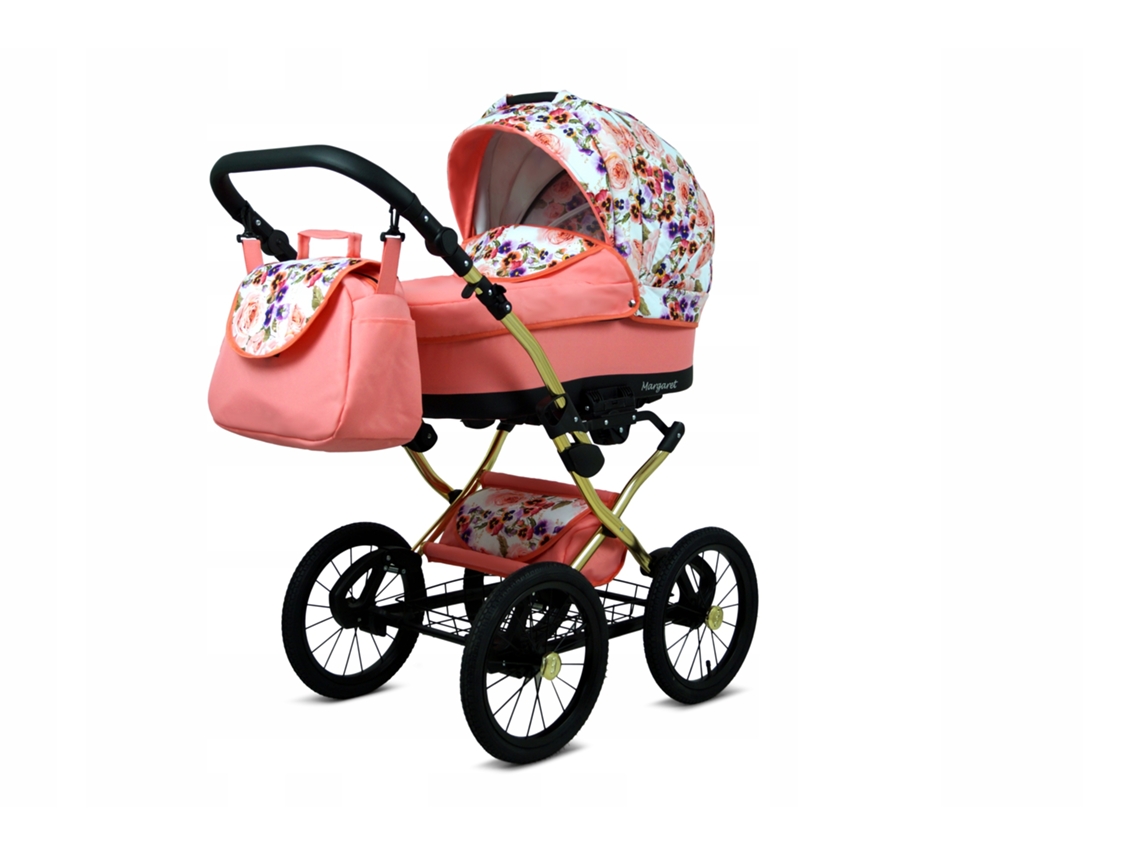 Carrinho de Bebé Multifuncional BABYLUX MARGARET GOLD 4 Em 1 -Pansies And Roses - Ajustável e dobrável Construção leve em alumínio - Acessórios