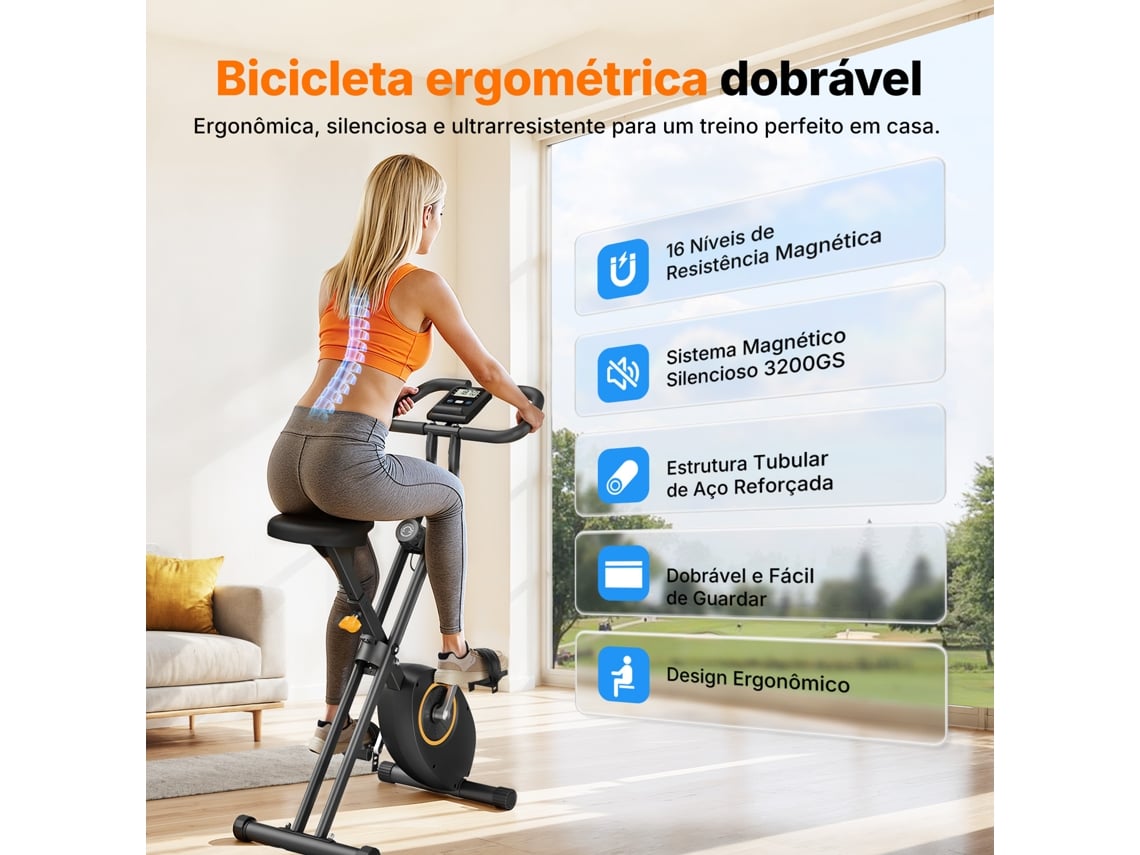 Bicicleta Estática Dobrável MERACH, Compacta e Silenciosa, X-bike, 16 Níveis Magnéticos, LCD, Suporte Tablet, Uso Doméstico