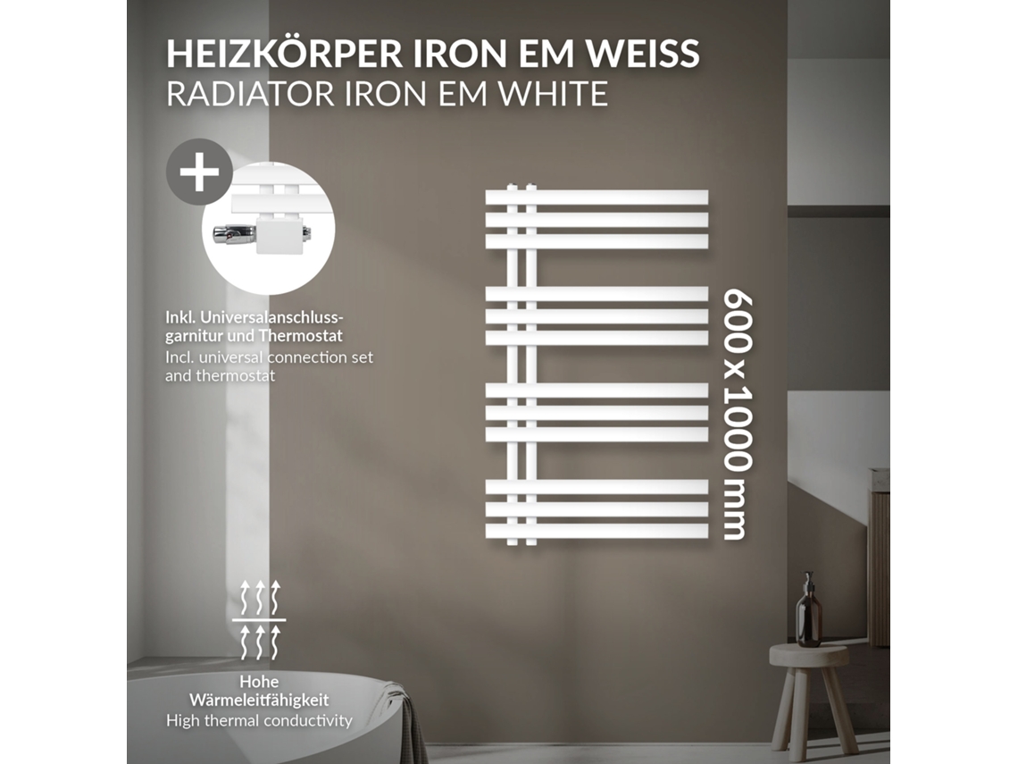 Radiador De Casa De Banho De Ligação Central 600x1000 Mm Branco Luxebath