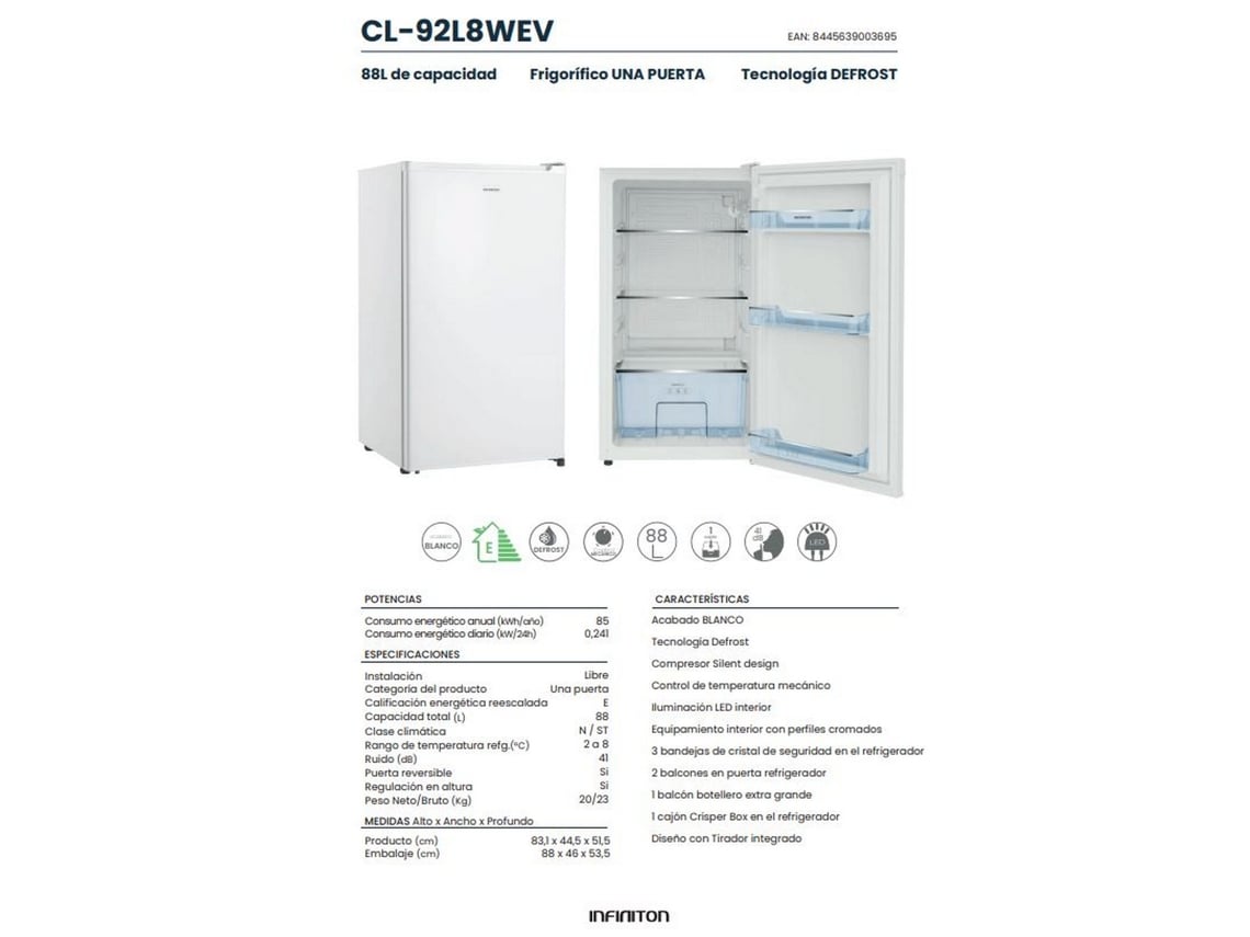 Geladeira de uma porta cl 92l8wev, 88 l, 83 cm, cíclica, e, branco infinito