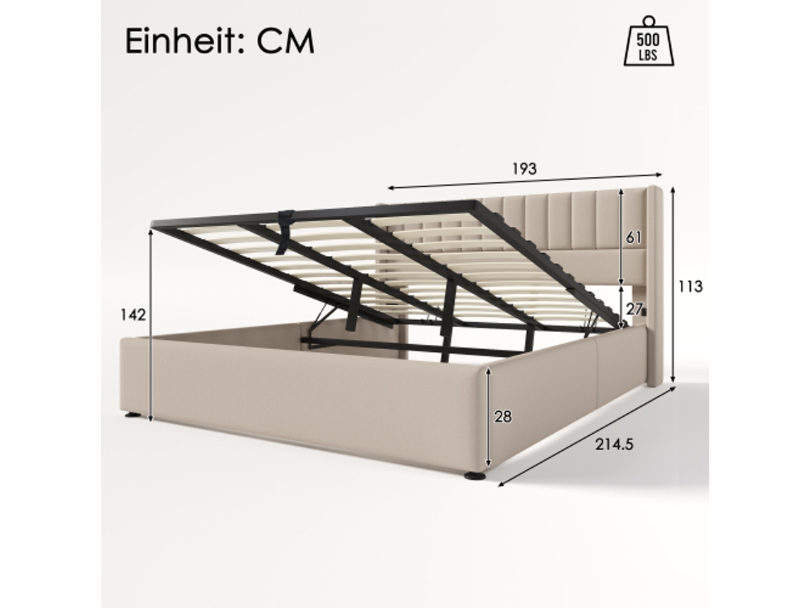 Cama Box Casal 180x200cm Com Base Hidráulica E Estrutura Em Metal, Estofada Em Linho Bege E Ripado De Madeira Incluso