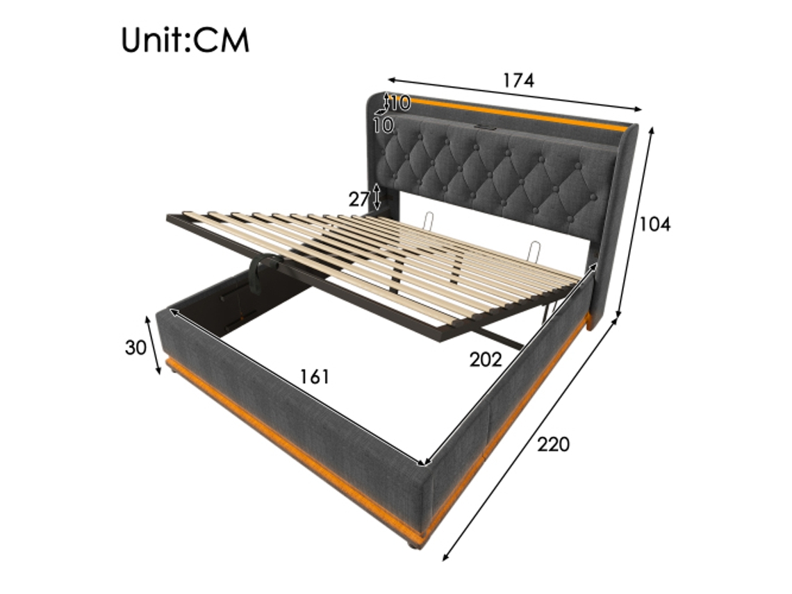 Cama Estofada Cama De Casal, Função Led Surround 360, Botão De Pressão/aplicativo/controle Remoto, 160 X 200 Cm, Material De Linho Cinza, Cama De Arm