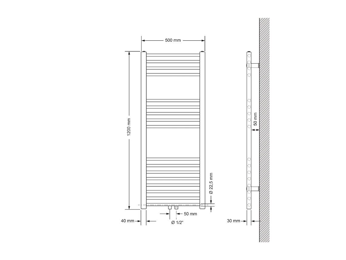 Radiador De Casa De Banho De Ligação Central 500x1200 Mm Branco Luxebath