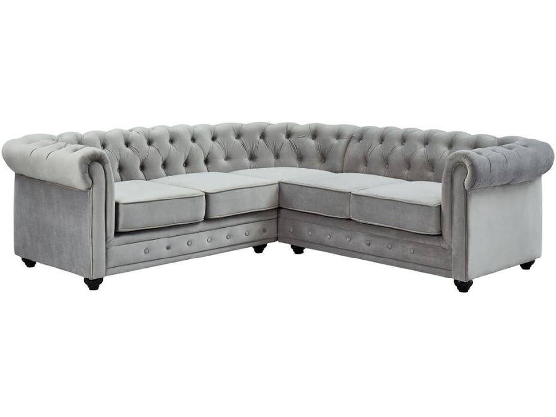 Sofá Fixo Chesterfield VENTE-UNIQUE (Cinzento Claro - Tecido e Veludo - 220x220x74 cm)