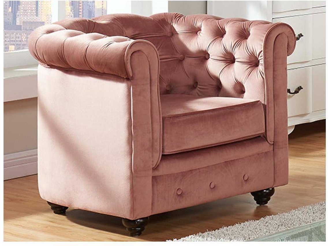 Conjunto Sofá e Poltrona Fixo Chesterfield VENTE-UNIQUE (Rosa Claro - Tecido e Veludo - 205x88x72 cm)