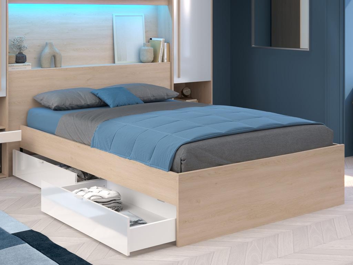 Estrutura de cama VELONA VENTE-UNIQUE Natural claro, Branco 140x190 cm - Sem colchão - Sem sommier