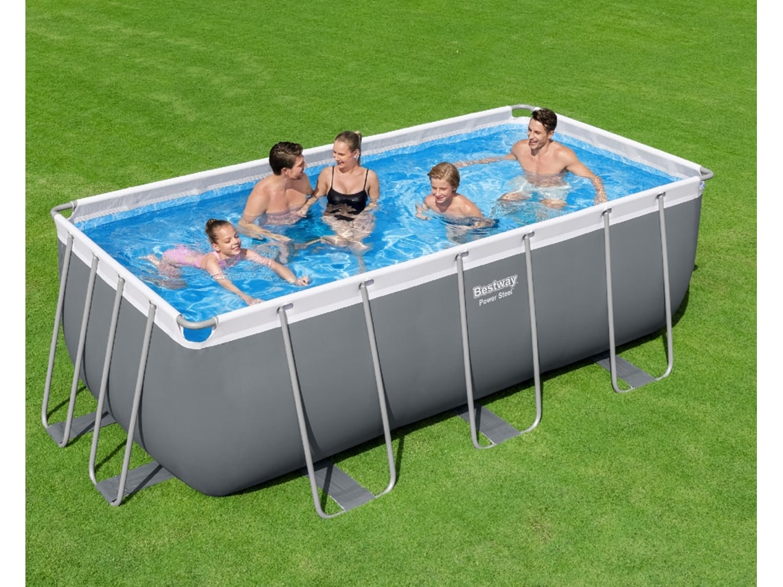Piscina Tubular Retangular Bestway Power Steel 412x201x122 Cm Depurador De Cartucho Escalera Y Dispenser Químico Color Gris