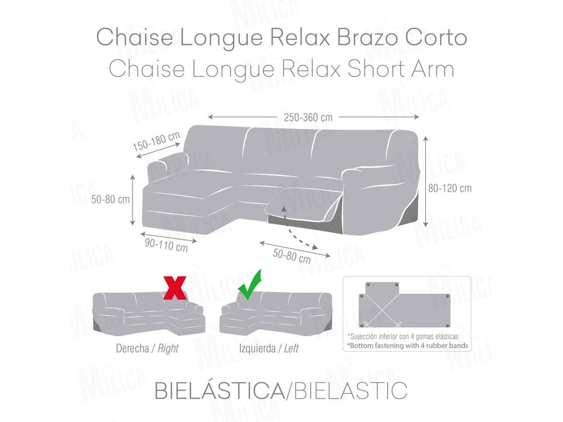 Capa Tecido Elástico para Sofá Chaise Longue Relax em Forma de L MILICA Assentos Reclináveis e Orientação Esquerda Spongy Cinza