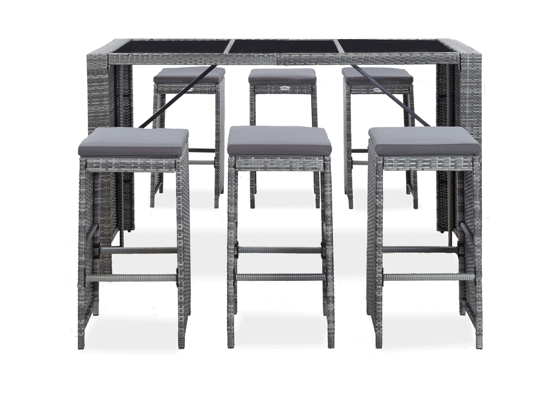 Mesa de Bar de Jardim e Cadeiras 7 Peças com Almofadas de Vime Sintético Cinza