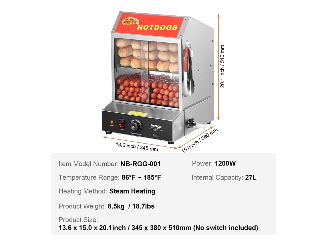 Comercial Hot Dog Steamer 2-Tier Aquecedor Elétrico de Pães 27L Portas de Correr VEVOR