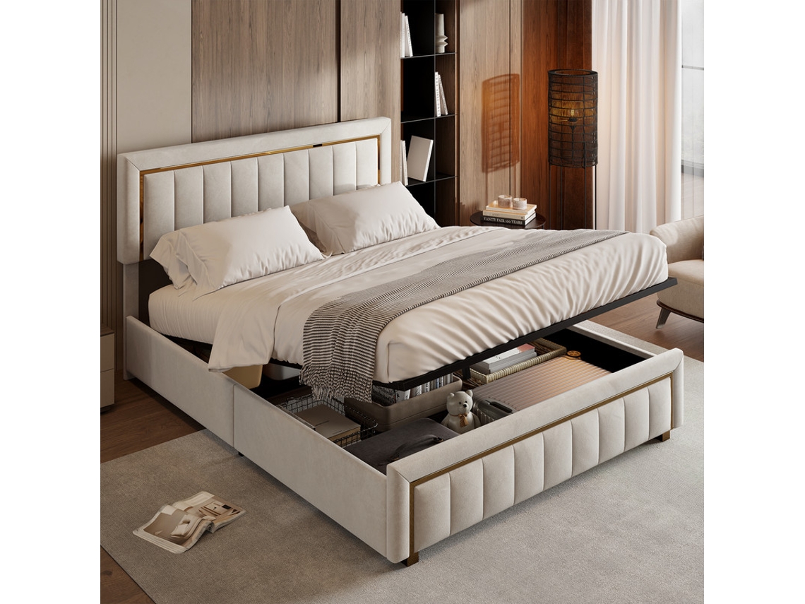 Cama Hidráulica De Casal Com Armazenamento 140x200, Estofada Samt Bege E Borda Dourada, 250kg. Design Moderno