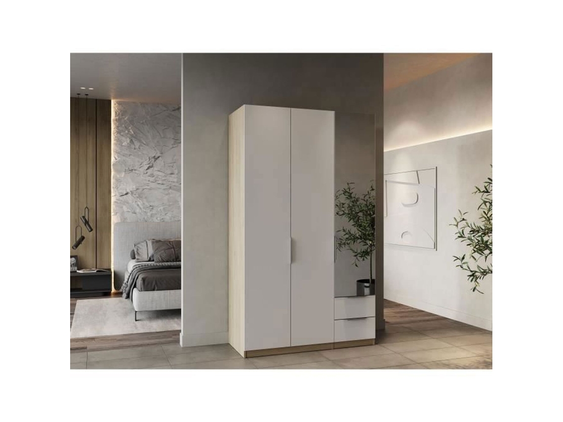 Armário Kronberg em carvalho e branco fosco - 3 portas 2 gavetas 1 espelho - 119,4 x 51,1 x 203 cm DEMEYERE