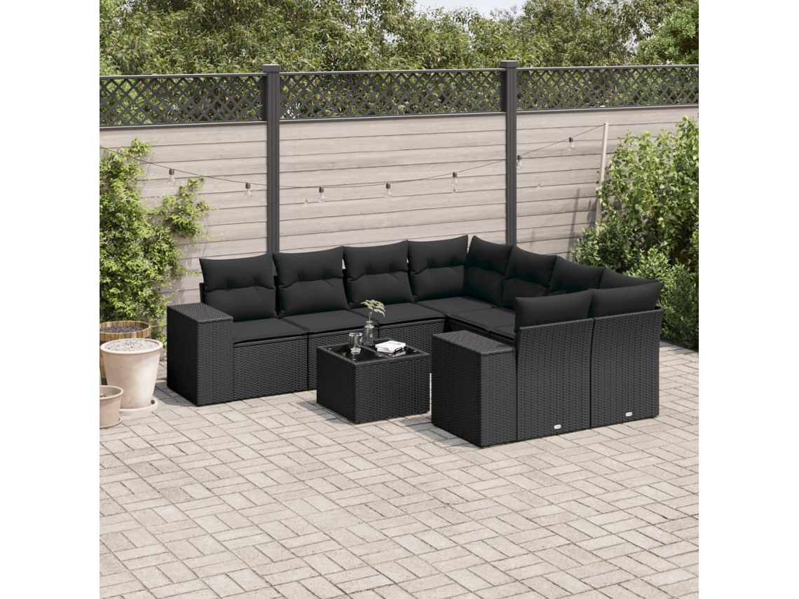 Conjunto 9 de sofás p/ jardim c/ almofadões vime PE preto