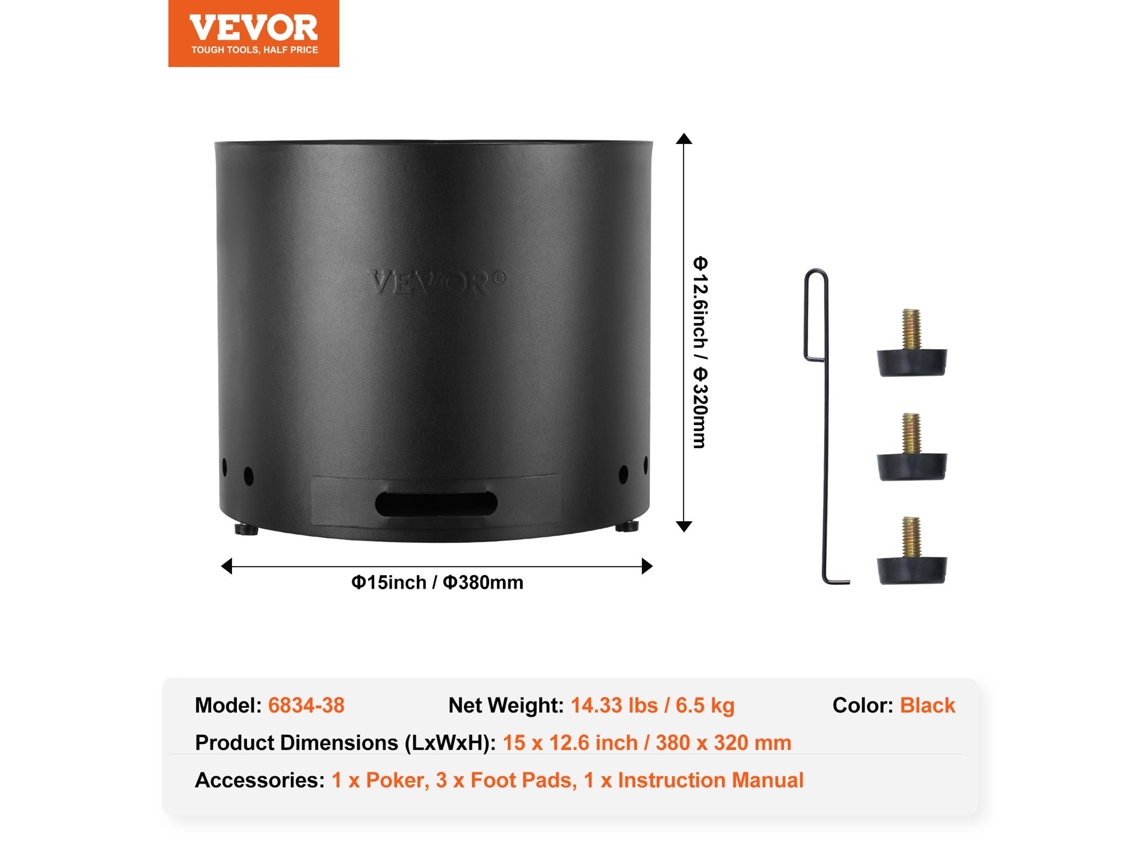 Fogão Sem Fumaça Fogueira 15 em Diâmetro Queima de Madeira em Aço Inoxidável VEVOR
