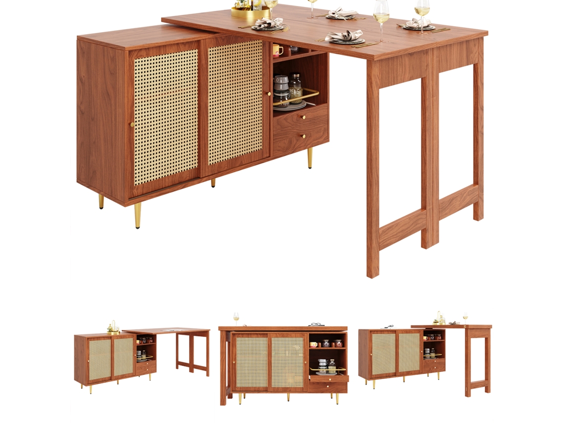 Mesa De Bar Giratória Expansível Com Armário De Vime E Prateleiras, Estrutura Marrom Pangshiyuan (107x40x71,4cm)