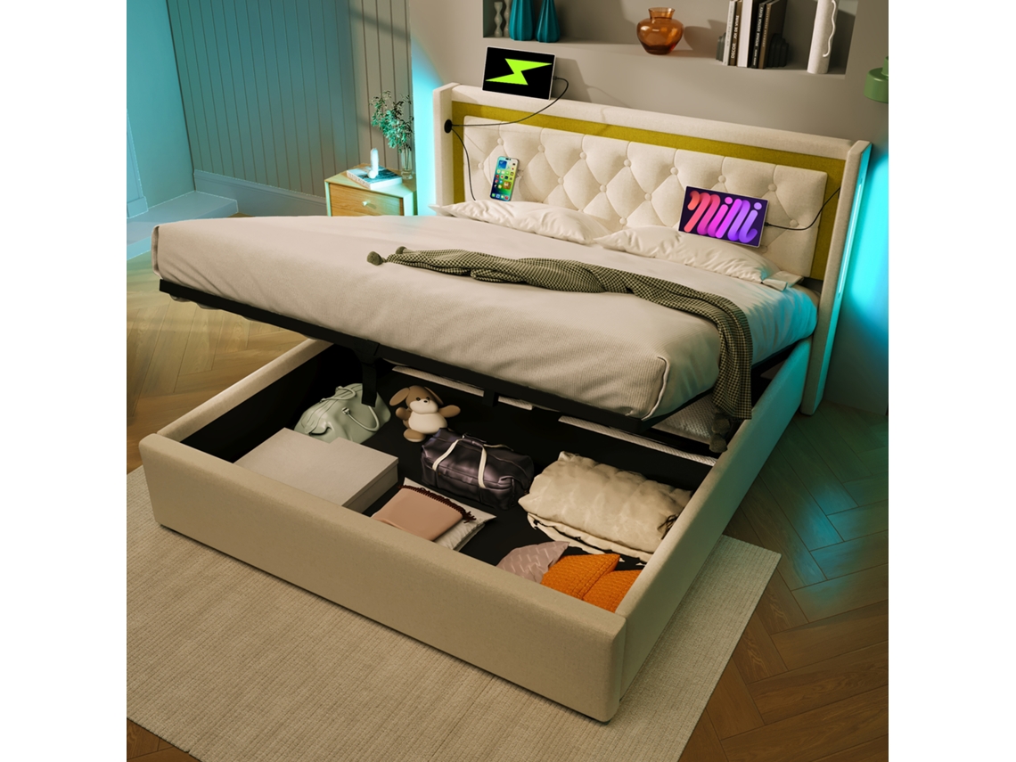 Cama Estofada Led Cama De Casal Com Cabeceira Usb Tipo C, Camas De Armazenamento Estrutura De Cama Feita De Cama De Juventude 140x200 Csem Colchão
