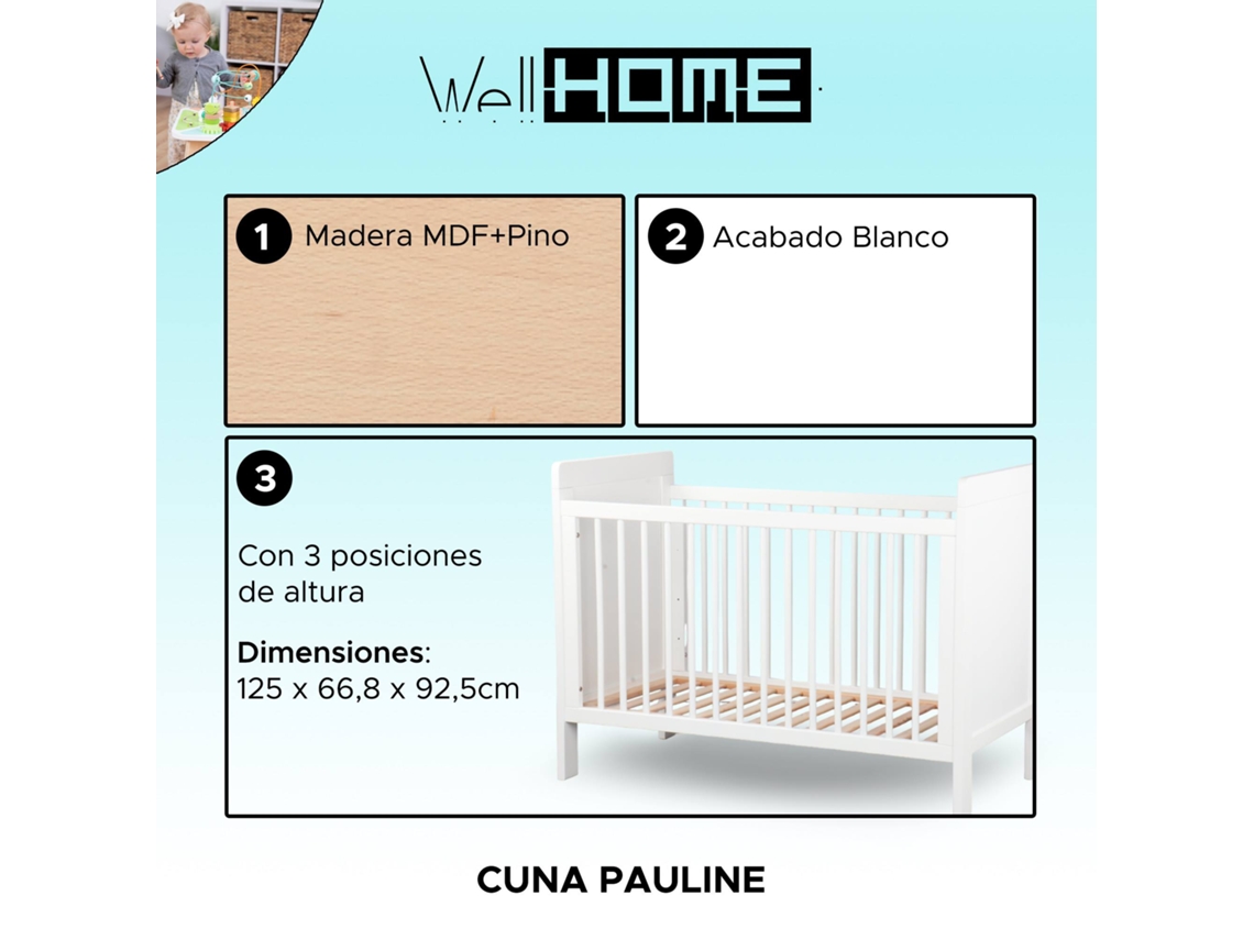 Well Home Berço 'Pauline' com 3 Posições de Altura Do Colchão Branco WELLHOME
