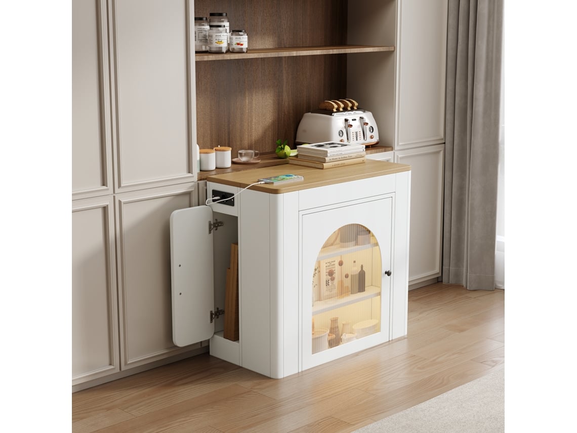 Ilha De Cozinha Multifuncional Branca Com Rodas, Mesa Extensível Removível, Carrinho Com Régua De Tomadas Para Cozinha E Sala Bga Store