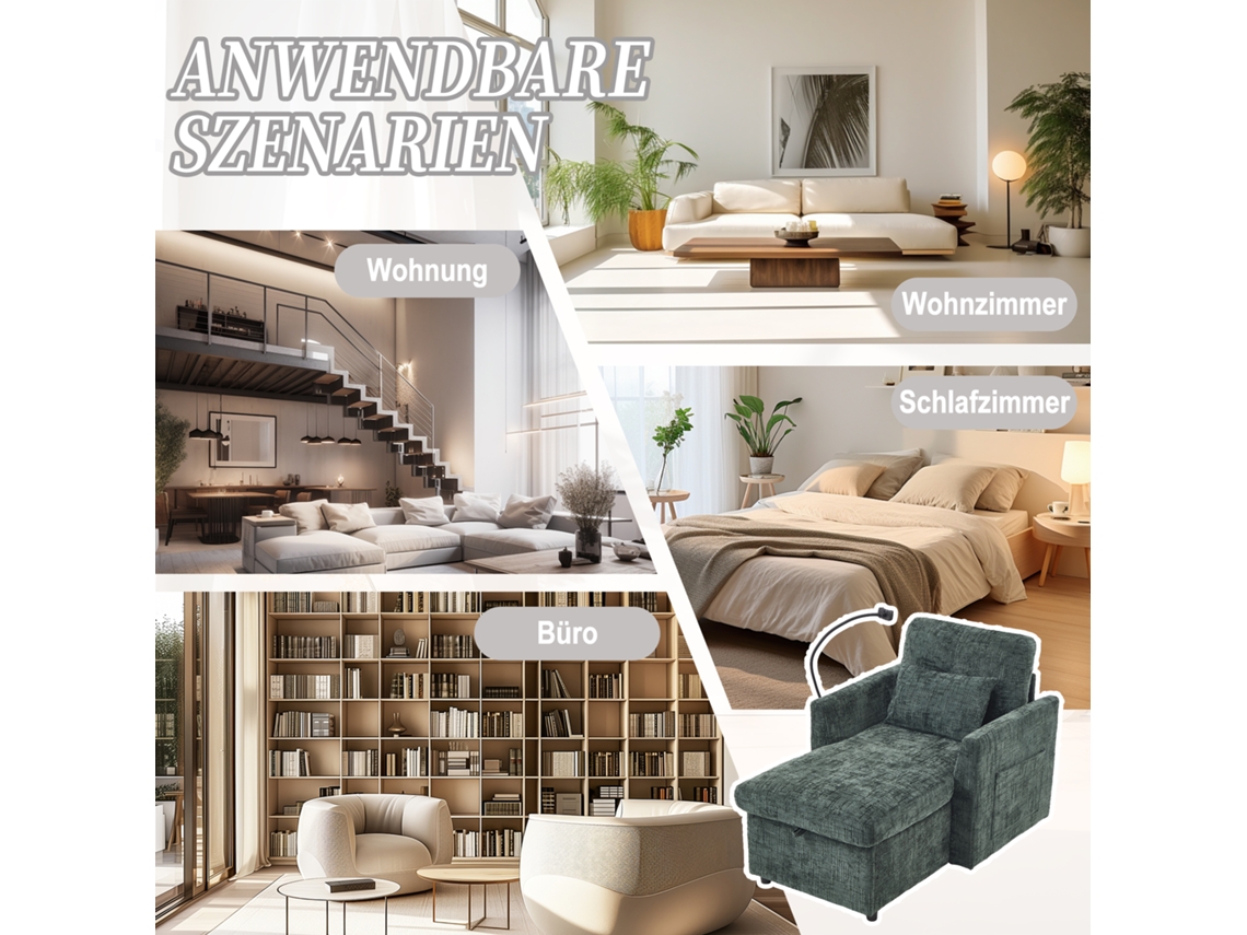 Poltrona Multifuncional Com Encosto Retrátil, Suporte Para Celular, Chenille, Verde Esmeralda, Haochrymec (125x84.5x87 Cm)