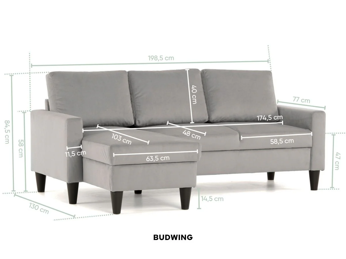 Sofá 3 Lugares BUDWING Fox Cinza Claro c/ Chaise Longue (226 x 140 x 85 cm - Reversível Lado Direito/Esquerdo)