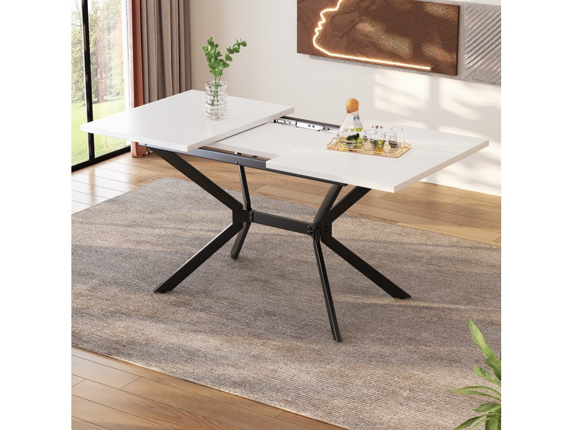 Mesa De Jantar Extensível Branca 120/160x80cm Com Pernas De Metal Pretas, Ideal Para 4 A 6 Pessoas. Mega Echo Trade Shop