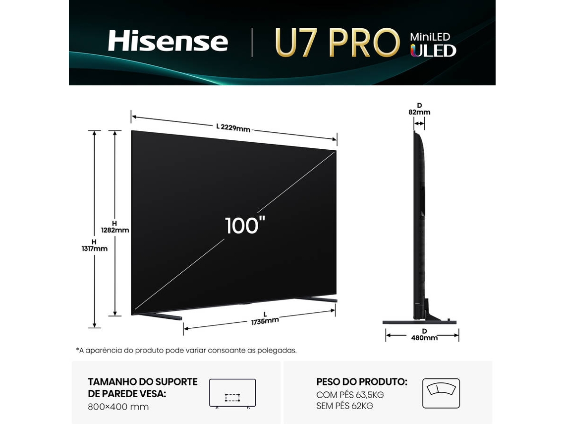 TV HISENSE 100U7Q PRO (Mini LED 165Hz - 100'' - 253 cm - 4k Ultra HD - Smart TV)