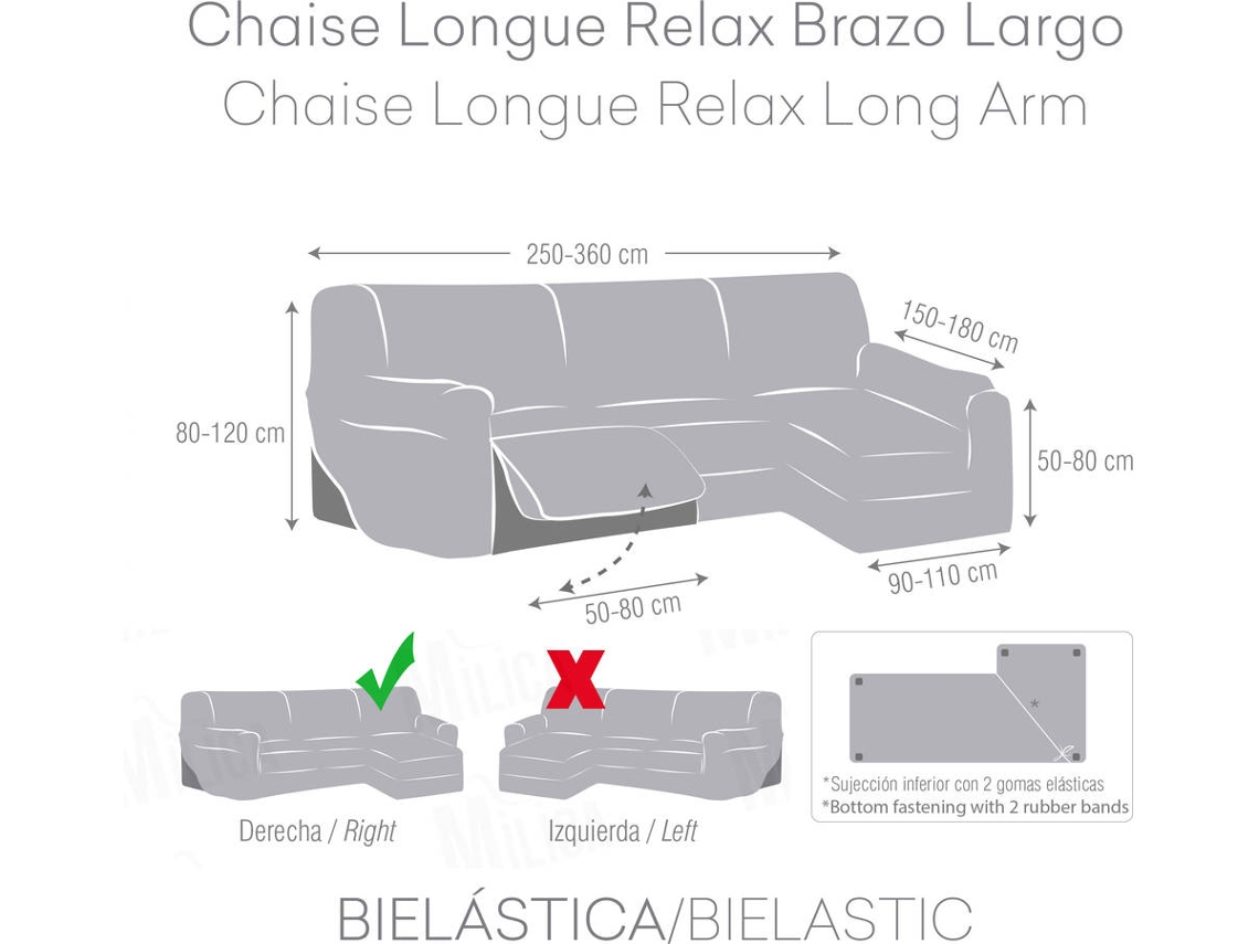 Capa Tecido Elástico para Sofá Chaise Longue Relax em Forma de L MILICA Assentos Reclináveis e Orientação Direita Spongy Preto