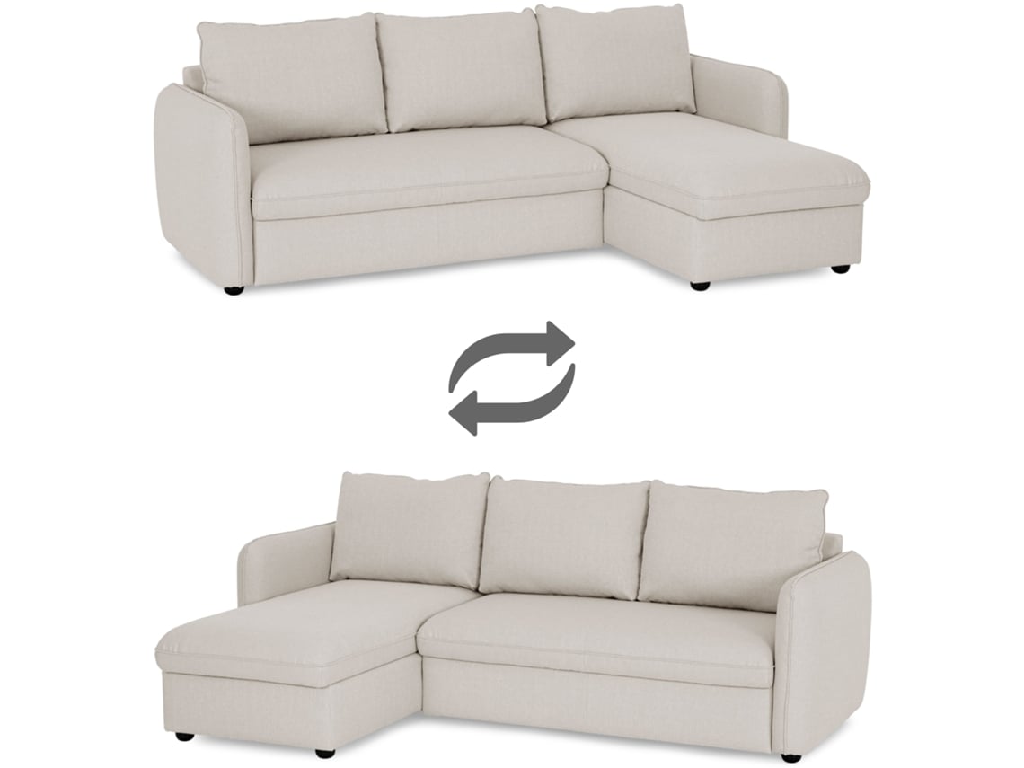 Sofá 3 Lugares BUDWING Vogue Bege + Chaise c/Cama de Abertura Fácil (245 x 162 x 90 cm - Reversível Lado Direito/Esquerdo)