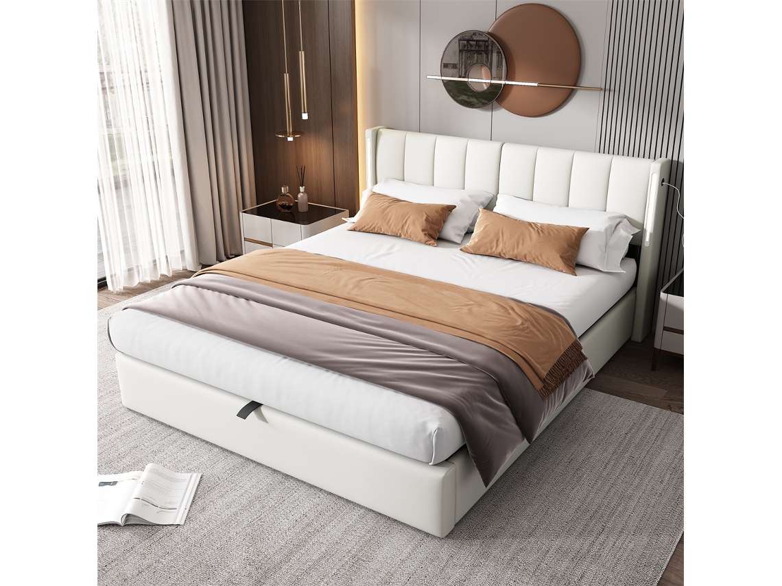 Cama Com Cabeceira E Arrumação Estofada Hidráulica Iluminação Led Espaço Gutent Pele Sintética Branco (140x200)