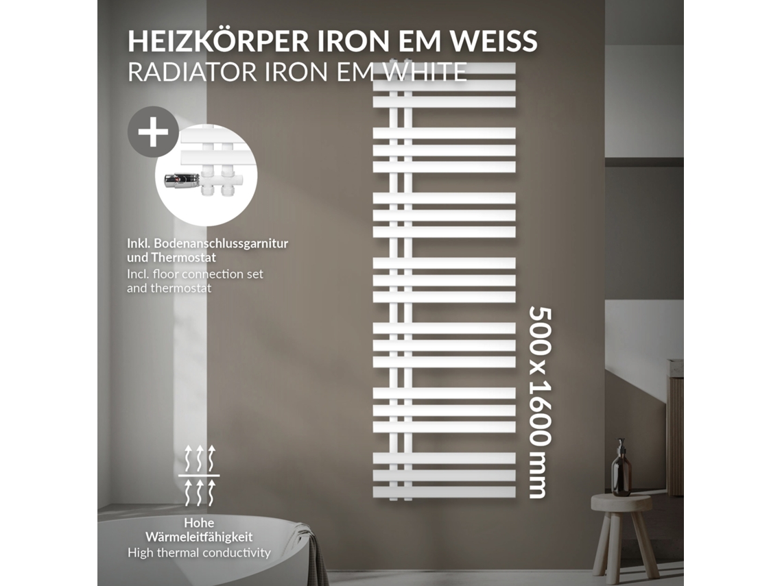 Radiador De Casa De Banho De Ligação Central 500x1600 Mm Branco Luxebath