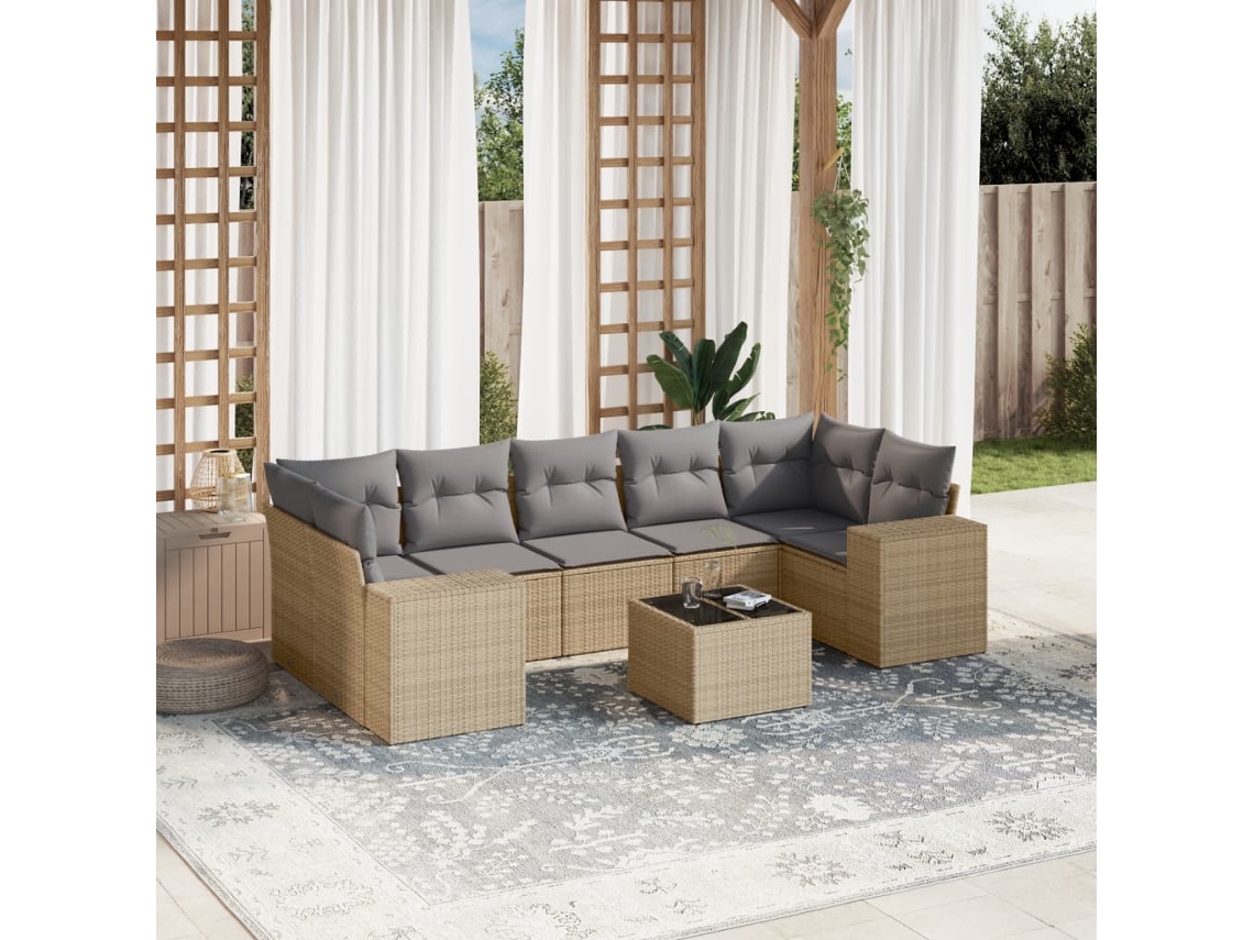 Conjunto 8 de sofás p/ jardim VIDAXL com almofadões vime PE bege