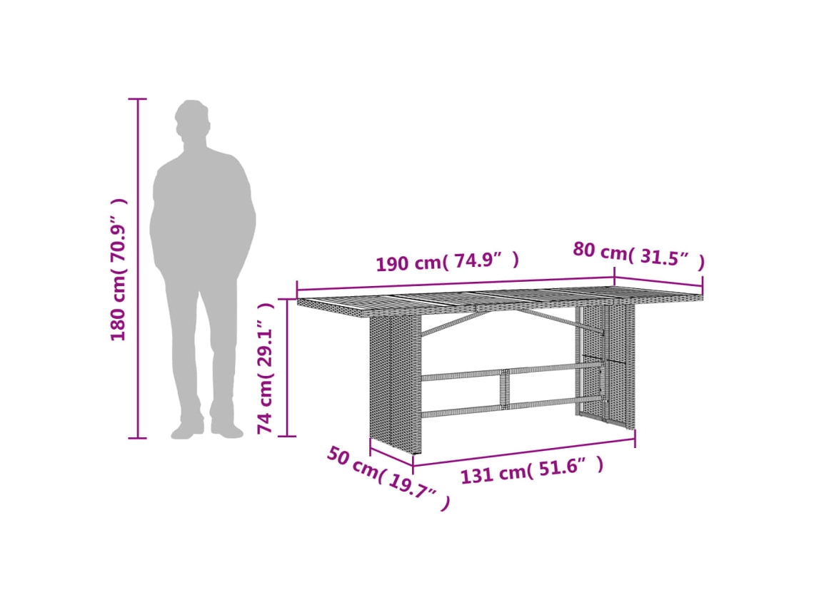 Mesa de Jardim com Tampo em Acácia 190X80X74 Cm Vime Pe Preto PANGSHIYUAN