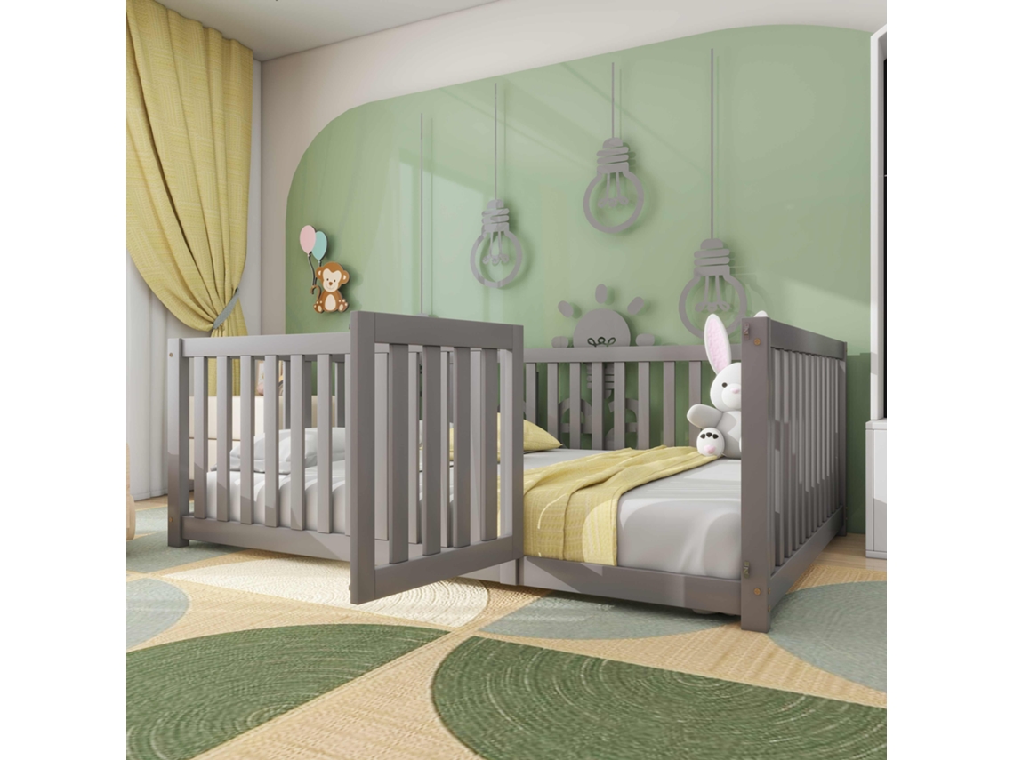 Cama Infantil 140x200 Cm Estrutura Em Madeira Com Barreira E Porta Cinza Estilo