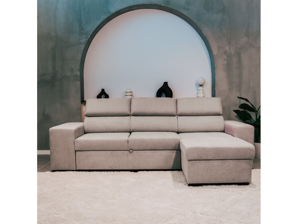 Sofá Cama 3 Lugares BUDWING John Cinza Nevoa + Chaise Longue + Cabeceira Ajustável + 2 Pufes (263 x 161 x 96 cm - Reversível Lado Direito/Esquerdo)