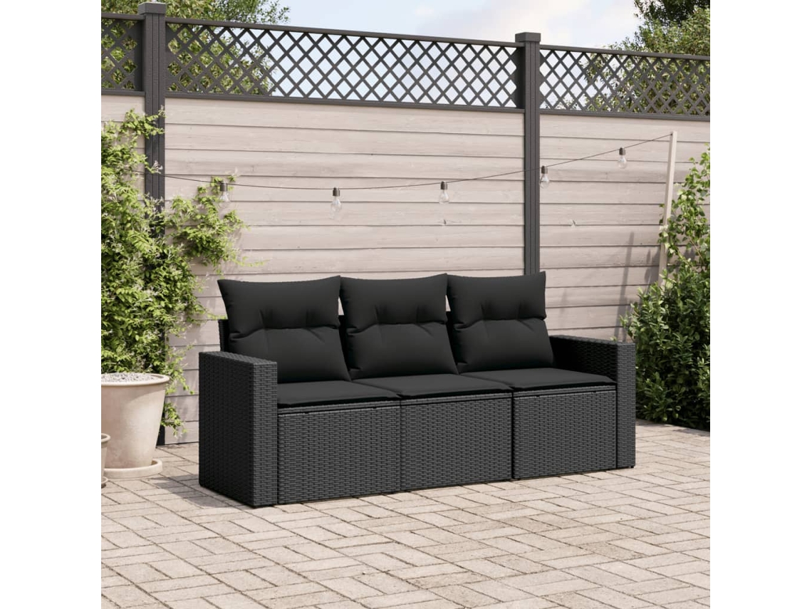Conjunto 3 sofás de jardim com almofadões VIDAXL vime PE preto