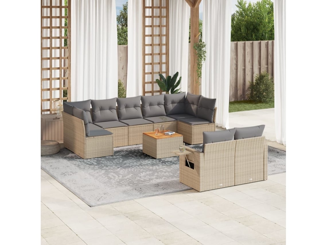 Conjunto 10 de sofás p/ jardim com almofadões VIDAXL vime PE bege
