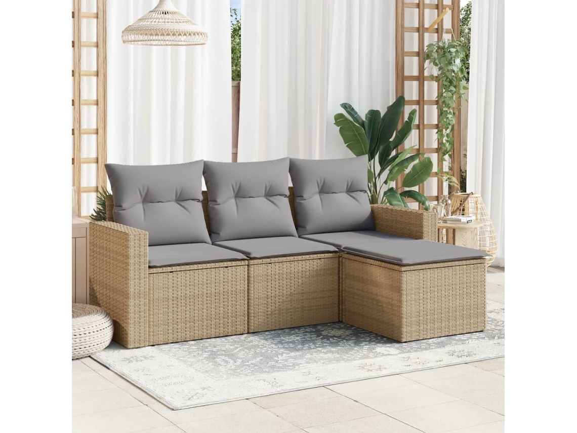 Conjunto 4 de sofás para jardim c/ almofadões VIDAXL vime PE bege
