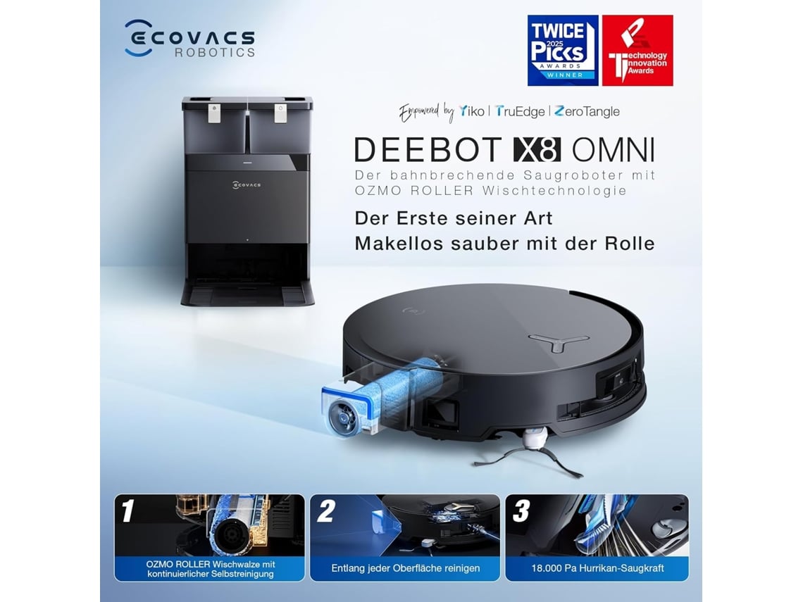 ECOVACS X8 Omni Robot Aspirador Lavadora con Estación Omni, 18000Pa, Limpieza automática Vaciado , Negro, REACONDICIONADO, señales de uso