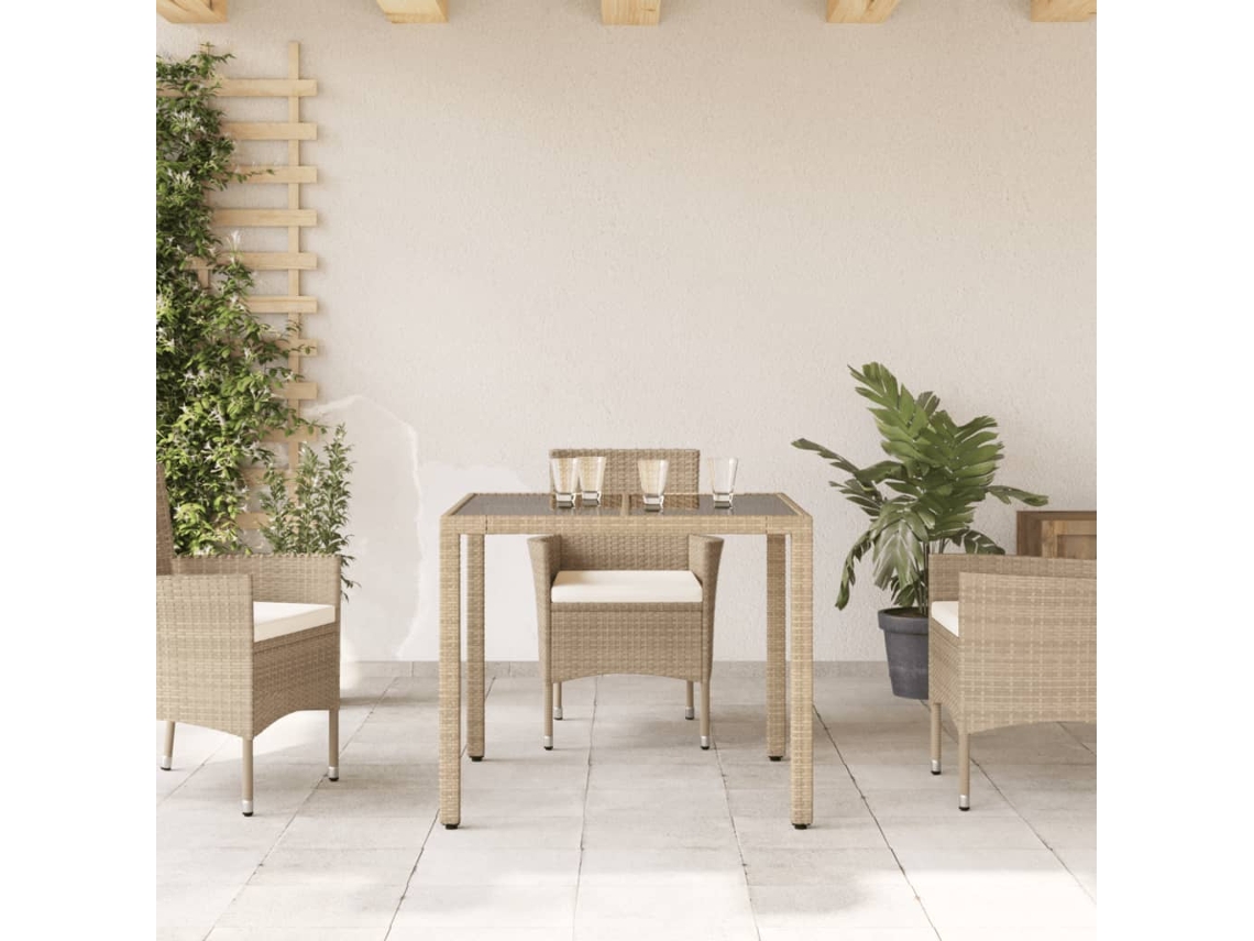 Mesa De Jardim Com Tampo De Vidro 90x90x75 Cm Vime Pe Bege