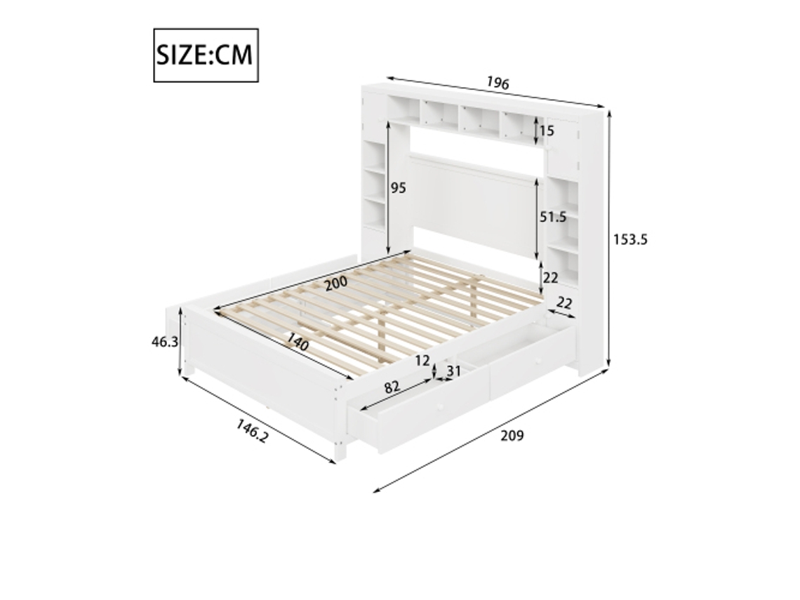 Estrutura De Cama Com Espaço De Armazenamento 140200, Com 4 Gavetas E Grande Armário De Armazenamento, Cama De Casal Em Madeira Maciça Com Estrutura