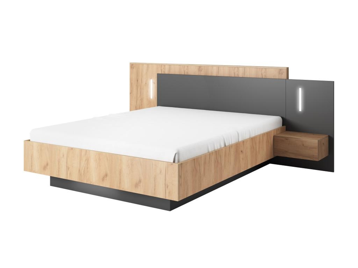 Cama com cofre FRANCOLI VENTE-UNIQUE Cinza antracite, Natural claro 140x190 cm - Sem colchão - Com sommier
