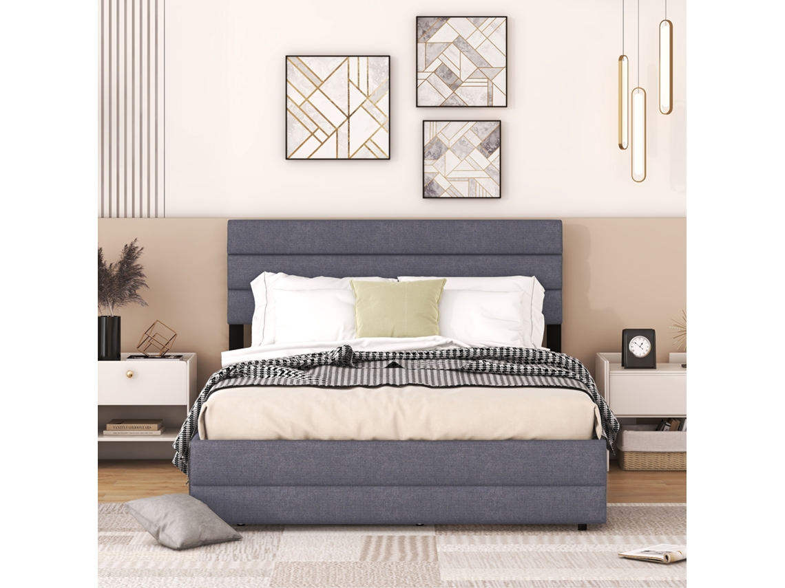 Cama Plataforma 140 X 200 Com Máquina De Remo Para Duas Pessoas E Duas Gavetas, Cinza