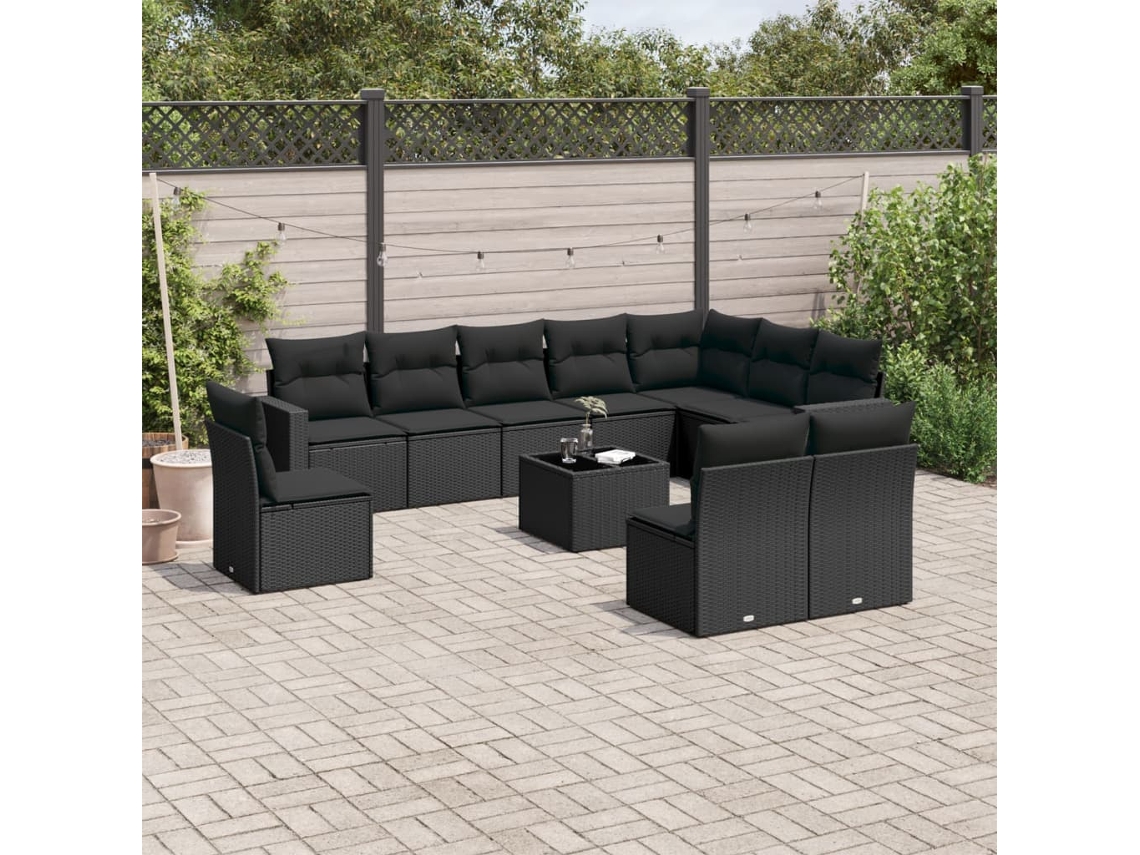 Conjunto 11 sofás de jardim c/ almofadões VIDAXL vime PE preto