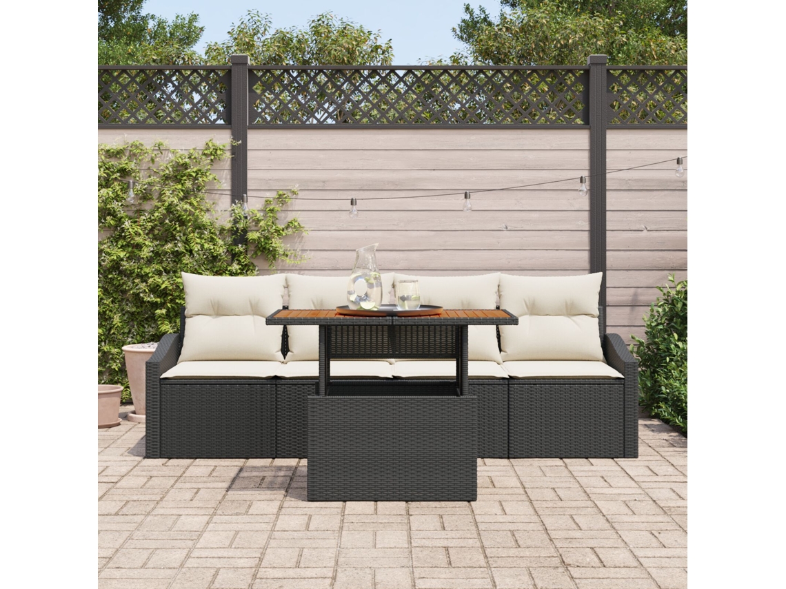 Conjunto De Mesa De Jardim De 5 Peças Com Almofadas Preto Polirratã Acácia Lovely Home
