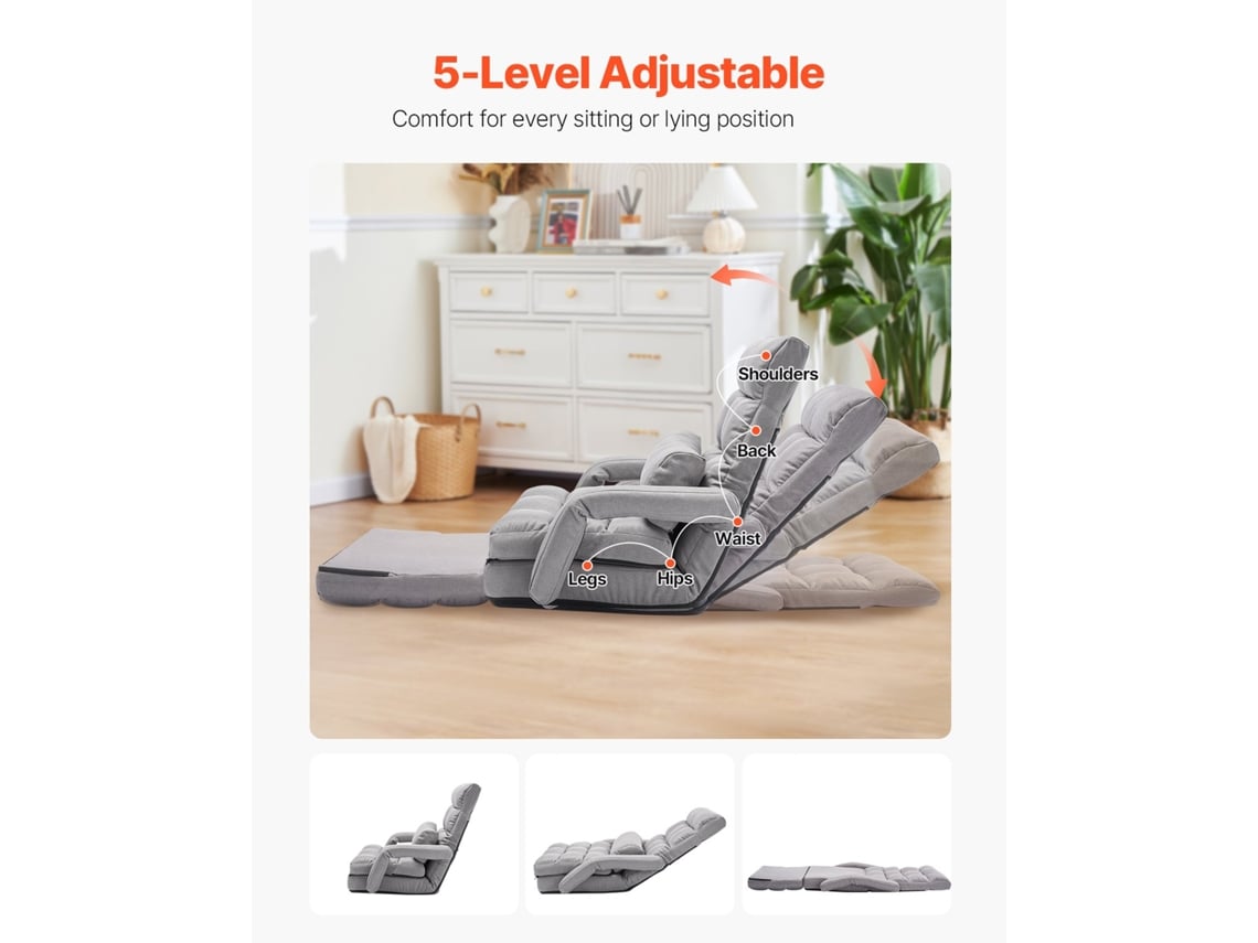 Cadeira De Chão Com 5 Posições Ajustáveis, Encosto E Apoios De Braços, Cinza Vevor