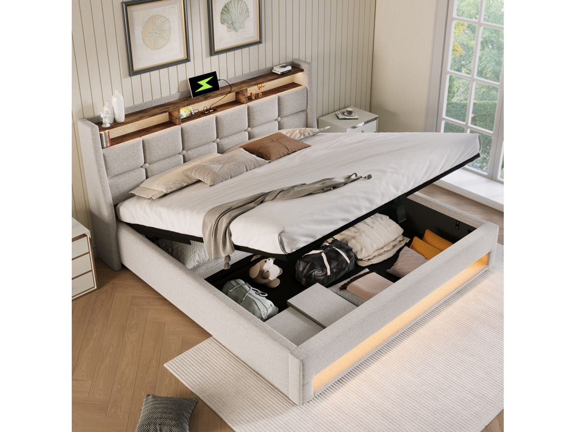 Cama Estofada 140x200 Cama Led Com Base De Ripas, Estrutura Metálica, Tecido De Linho, Com Base Estilo (com Colchão)