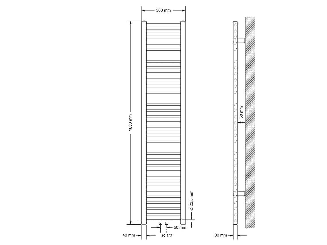 Radiador De Casa De Banho De Ligação Central 300x1800 Mm Branco Direito Luxebath