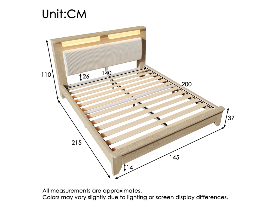 Cama Casal 140x200 Cm C/ Cabeceira Armazenamento, Led E Almofada Corduroy Bege, Carvalho Claro Haochrymec (215x145x110 Cm)