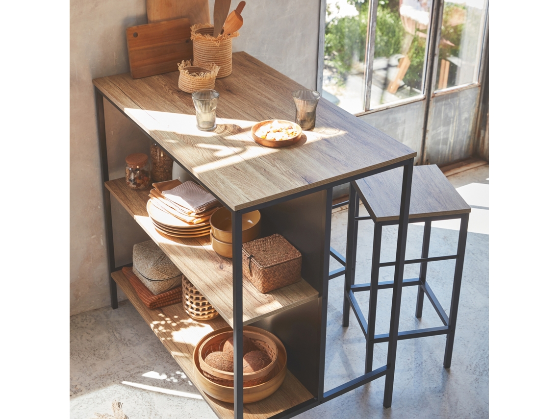 Mesa Alta de Madeira e Metal 2 Prateleiras 2 Bancos Natural SWEEEK