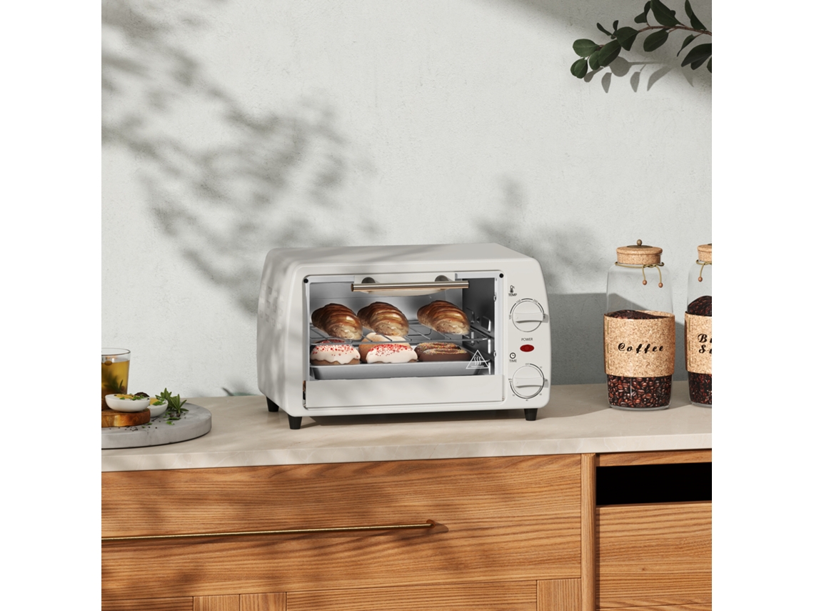 Mini forno elétrico de 10 litros, 750 W, com temperaturas de até 230 °C, timer de 60 minutos, assadeira e grelha, 36,5 x 26 x 22 cm, branco creme.